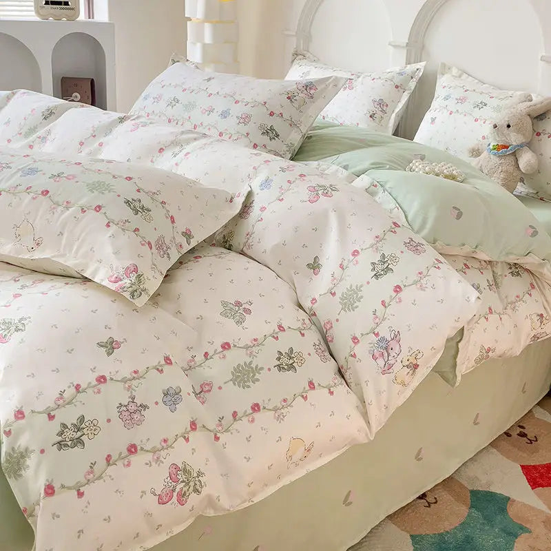 Cute Cartoon Duvet Cover Set No Filler Ins Full Queen Size Comforter Cover Sheet Pillowcase Skin-friendly Girl Home Bedding Set