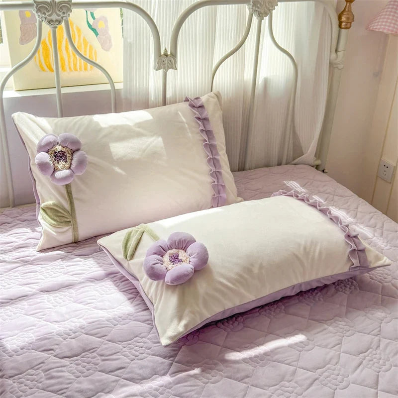 Handmade Flowers Embroidery Ruffles Korean Princess Bedding Set