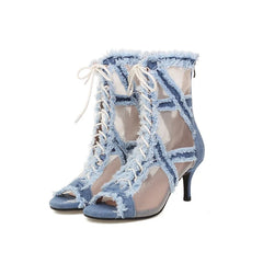 European and American Denim Mesh Lace Lace Lace High Heel