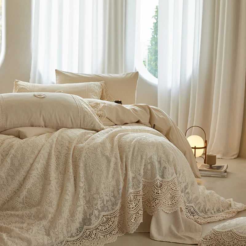 20% Linen And 80% Cotton Vintage Hollow Lace Embroidery Patchwork Bedding Set