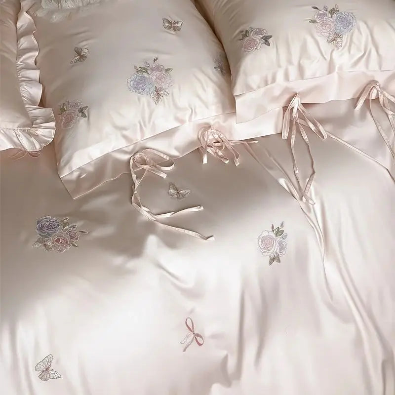 Pink Flowers Butterfly Embroidery Lace-Up Princess Bedding Set