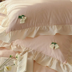 3/4Pcs Korean Princess Style Ruffles Washed Cotton Bedding Set