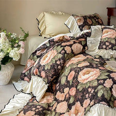 Premium 1000TC Egyptian Cotton Flowers Print Ruffles Princess Bedding Set