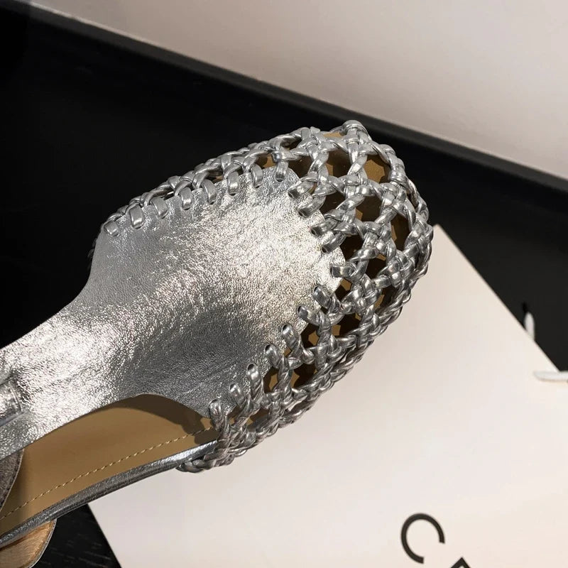 Square Head Cowhide Woven Hollow Out Comfortable and Breathable Low Heel