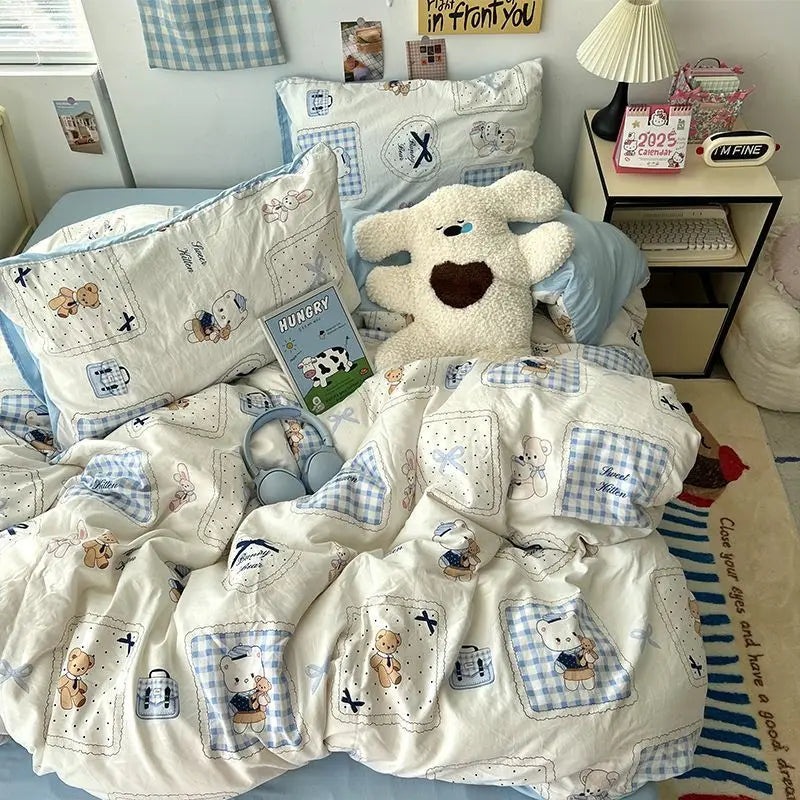 Cute Car Duvet Cover Set No Filler Kids Flat Sheet Pillowcase Ins Twin Queen Size Girls Boys Ins Warm Bedding Set