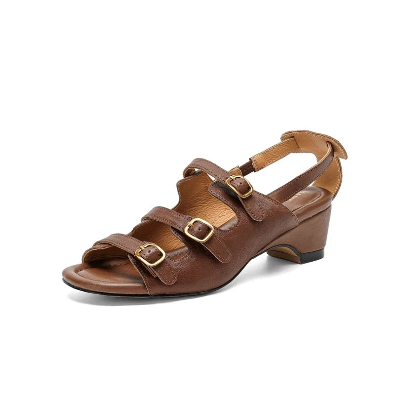leather cowhide metal three row buckle hollow out middle Heel