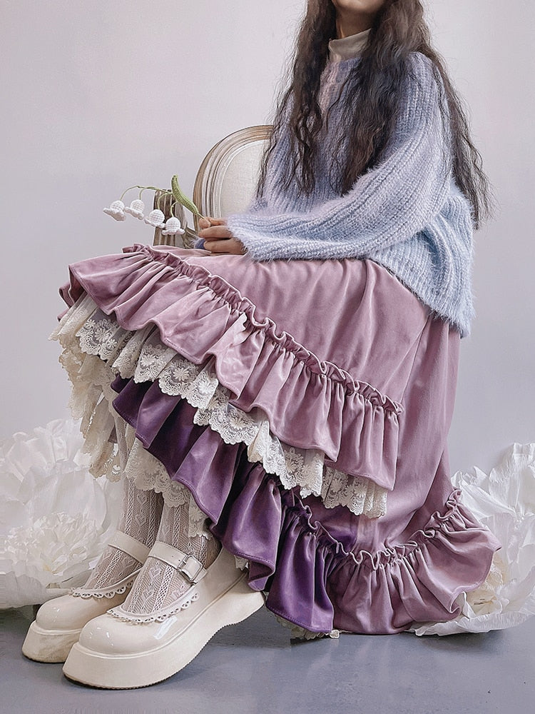 Violet Velvet Layered Ruffle Cottagecore Skirt