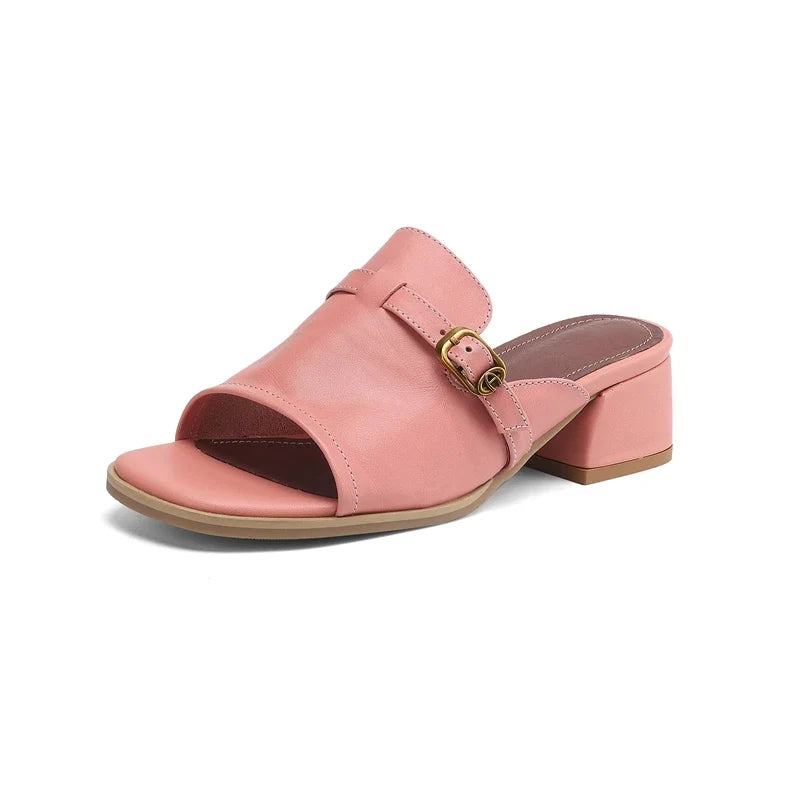 Metal Belt Buckle Round Head Exposed Toe Breathable Cool Mid Heel
