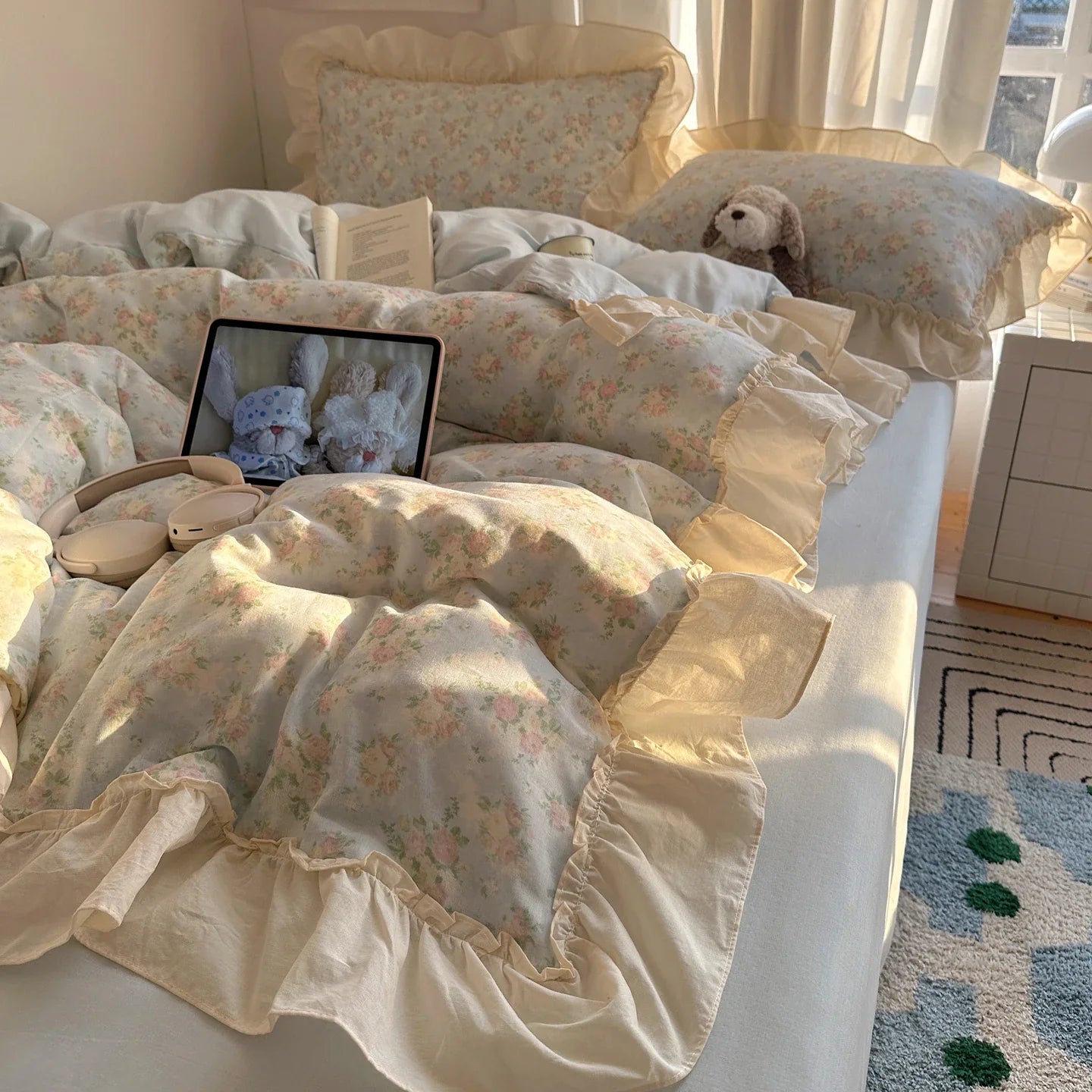 100% Cotton Korean Princess Style Floral Ruffles Bedding Set