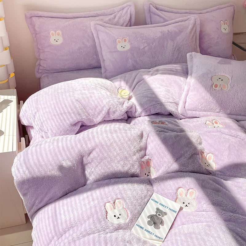 Cartoon Embroidered Plush 4pcs Bedding Set