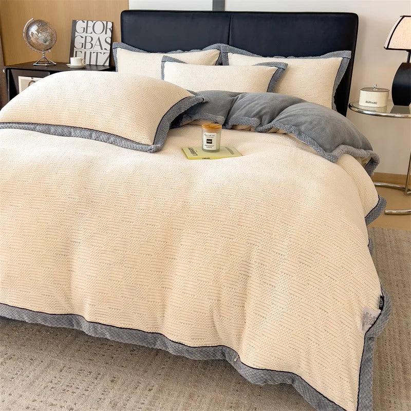 Winter Coral Velvet Duvet Cover Set with Bed Sheets and Pillowcase Warm Keep Skin Friendly Bedding Four Piece Set Quilt Cover