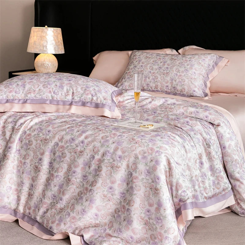 82% lyocell, 8% silk and 10% nylon soft silky flowers digital printing Bedding Set