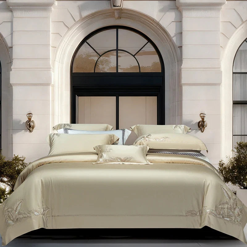 Champagne Luxury Leaf Embroidery Bedding Set