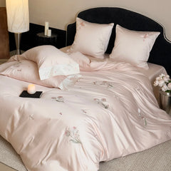 Pink Tulip Flowers Embroidery Luxury Bedding Set