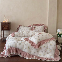 Floral Prints Double Layer Ruffles Bedding Set