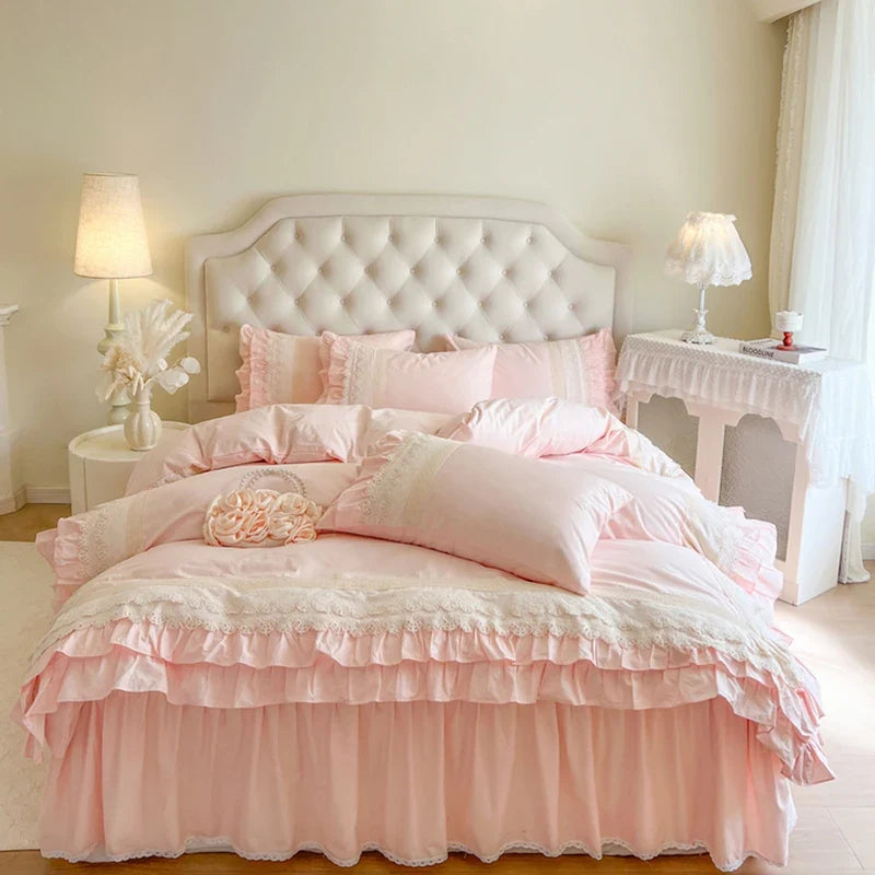 Vintage French Hollow Lace Ruffles 100% Cotton Princess Wedding Bedding Set