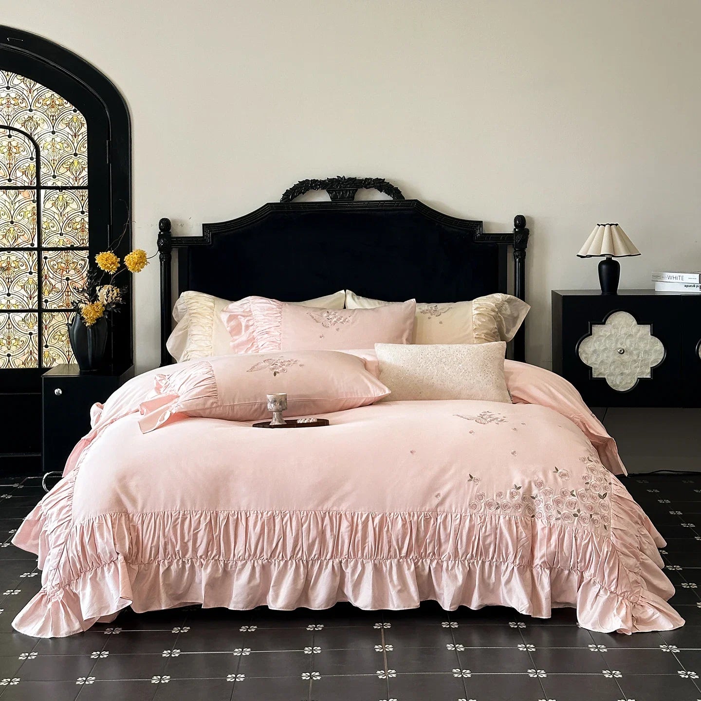 Luxury Rose Butterfly Embroidery Ruffles Princess Bedding Set
