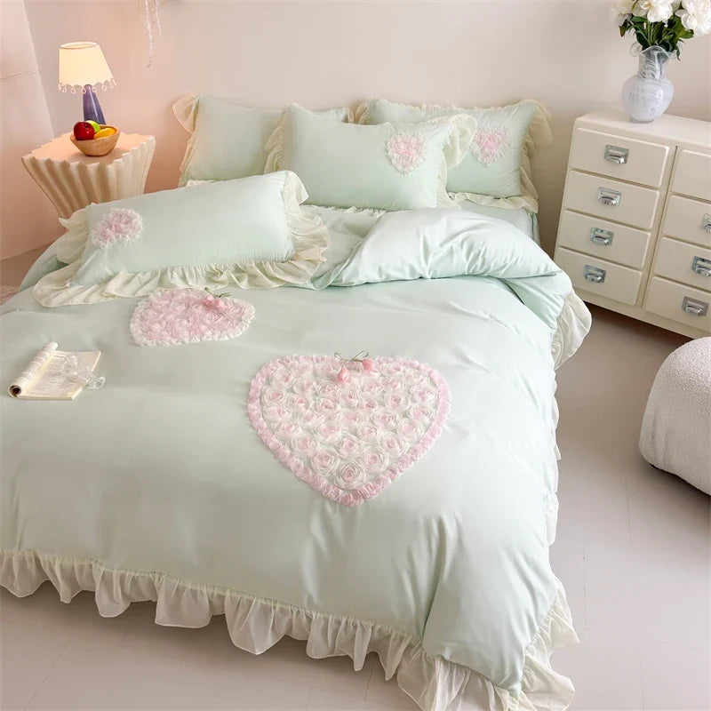 3/4Pcs French Princess Style Washed Cotton Embroidered Pink Rose Bed Skirt Fitted Sheet 200X230 Quilt Cover Bedding Set