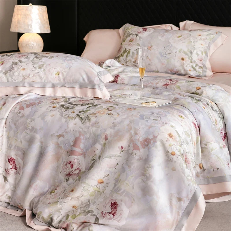 82% lyocell, 8% silk and 10% nylon soft silky flowers digital printing Bedding Set