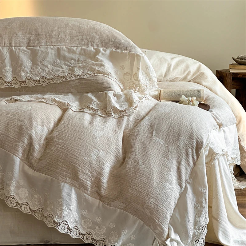Vintage Floral Jacquard Cotton Linen Blend Lace Embroidery Luxury Bedding Set
