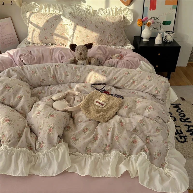 3/4Pcs Korean Princess Style Floral Ruffles Bedding Set