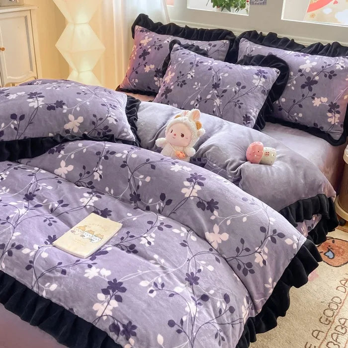 French Style Korean Lace Milk Velvet Bedding Set