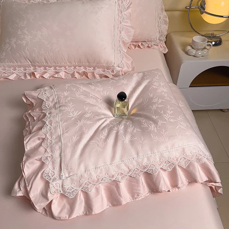 Lotus Hem Tencel Summer Quilt Chic Jacquard Cream Design Silky Smooth Summer Quilt Cool Sheets for Hot Sleepers Pillowcases 4Pcs