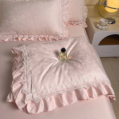 Lotus Hem Tencel Summer Quilt Chic Jacquard Cream Design Silky Smooth Summer Quilt Cool Sheets for Hot Sleepers Pillowcases 4Pcs