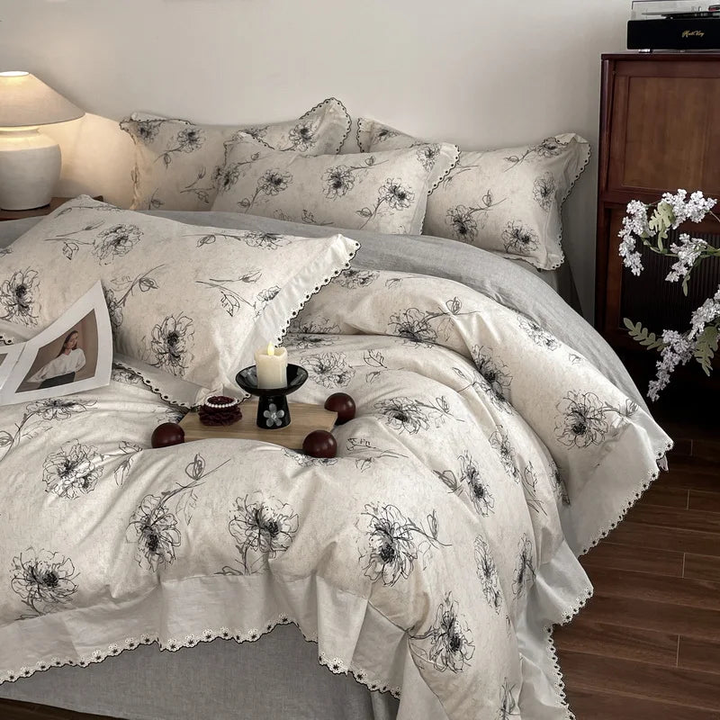 Vintage Floral Print Lace Luxury Bedding Set