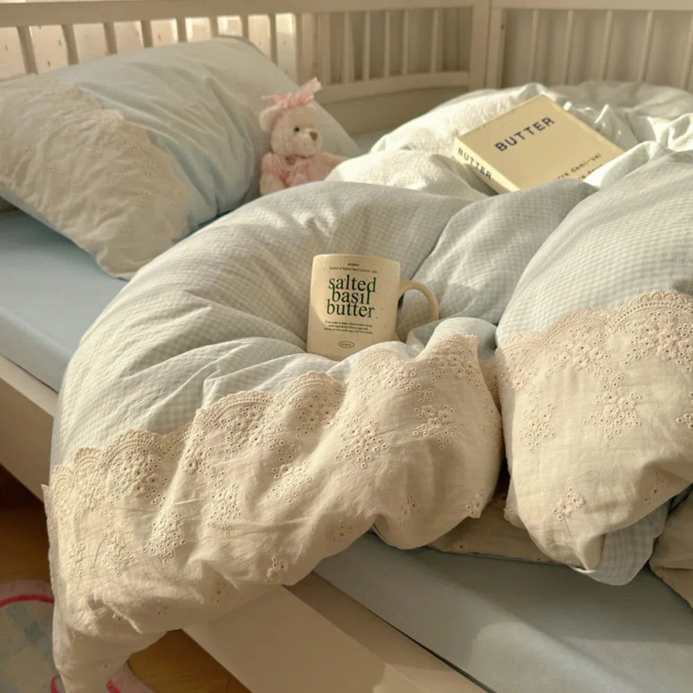 French Style Lace Trim Washed Cotton 4 Piece Bedding Set