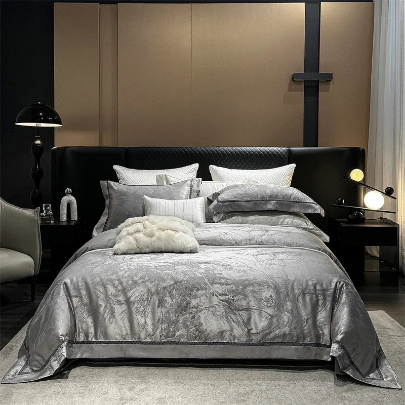 High-End 1000TC Egyptian Cotton Silver Grey Marble Jacquard Design Bedding Luxury Duvet Cover  Flat/Fitted Sheet Pillowcase 4Pcs