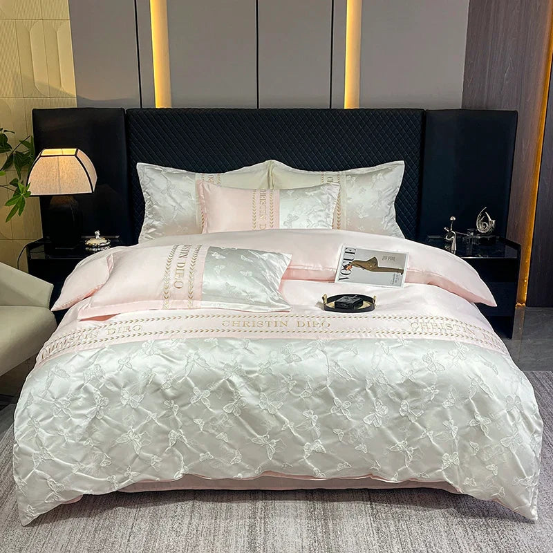 3/4Pcs White Luxury Egyptian Cotton Bedding Hotel Quality Washed Silk Cooling Queen Duvet Cover Summer Bedspreads Pillowcase