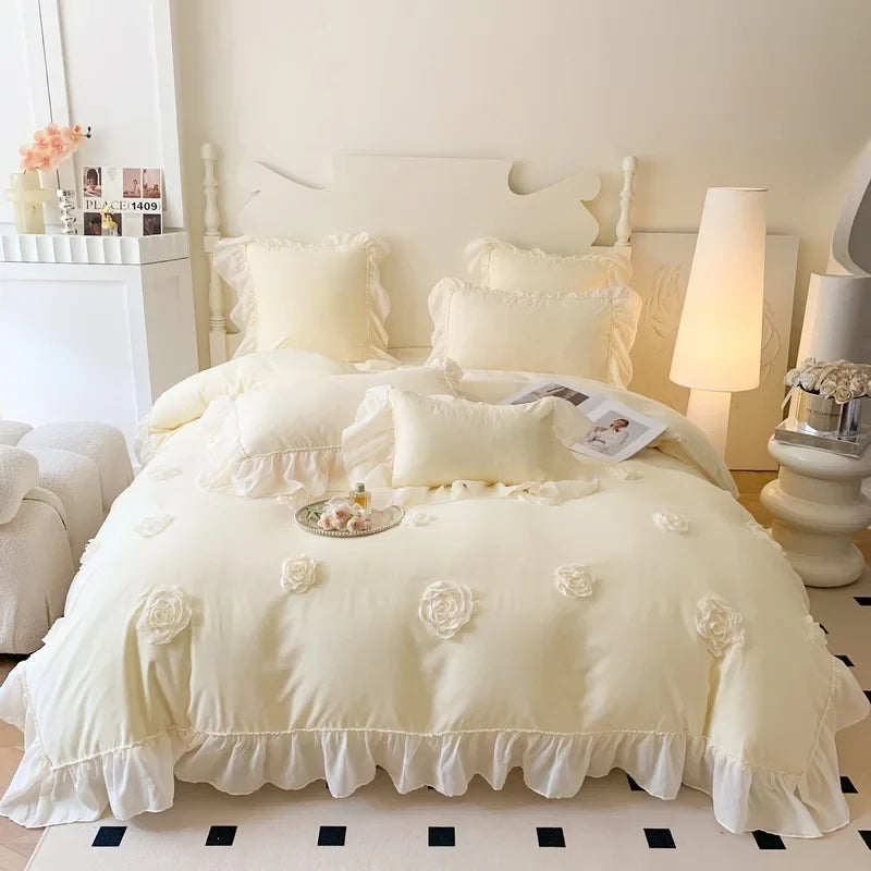 4Pcs French Princess Style Three-Dimensional Rose Flowers White Ruffle 2-Person Cotton Bed Linen Four-Season Pink Bedding Set