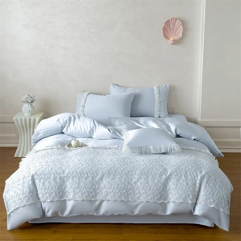 Princess Style Pink Floral Lace Embroidery 600TC Lyocell Bedding Set