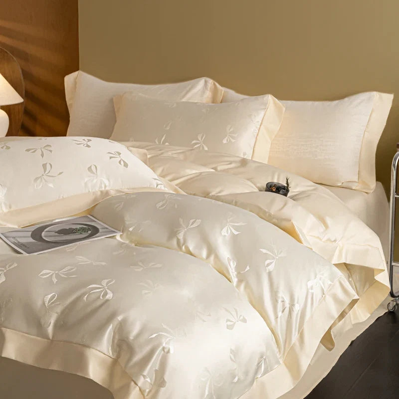 European Luxury Jacquard Ice Silk Duvet Cover Set Fashion Bow Pattern Queen King Bedding Set