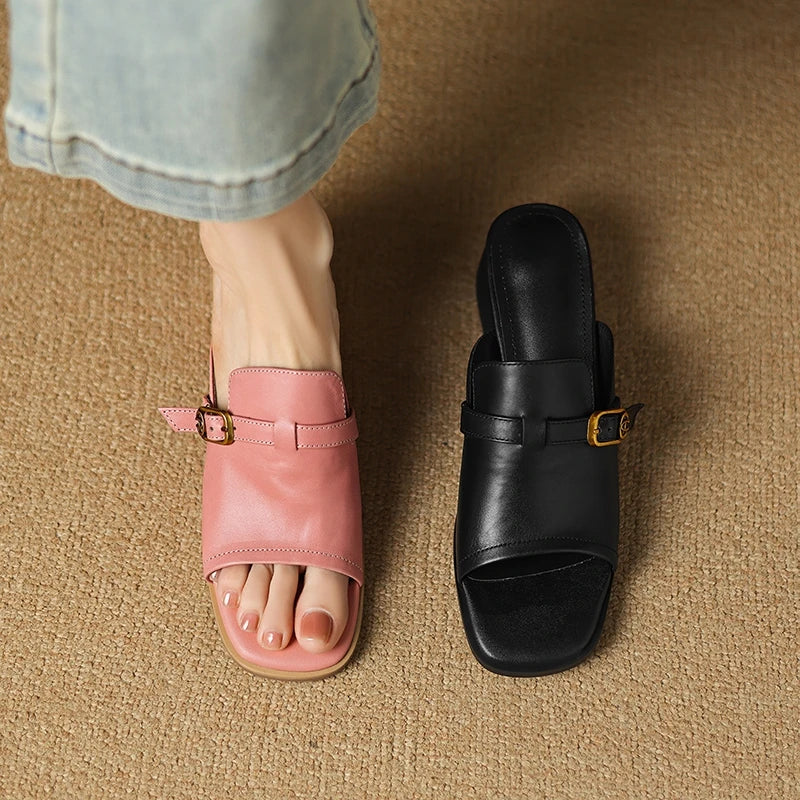 Metal Belt Buckle Round Head Exposed Toe Breathable Cool Mid Heel