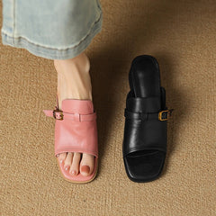 Metal Belt Buckle Round Head Exposed Toe Breathable Cool Mid Heel