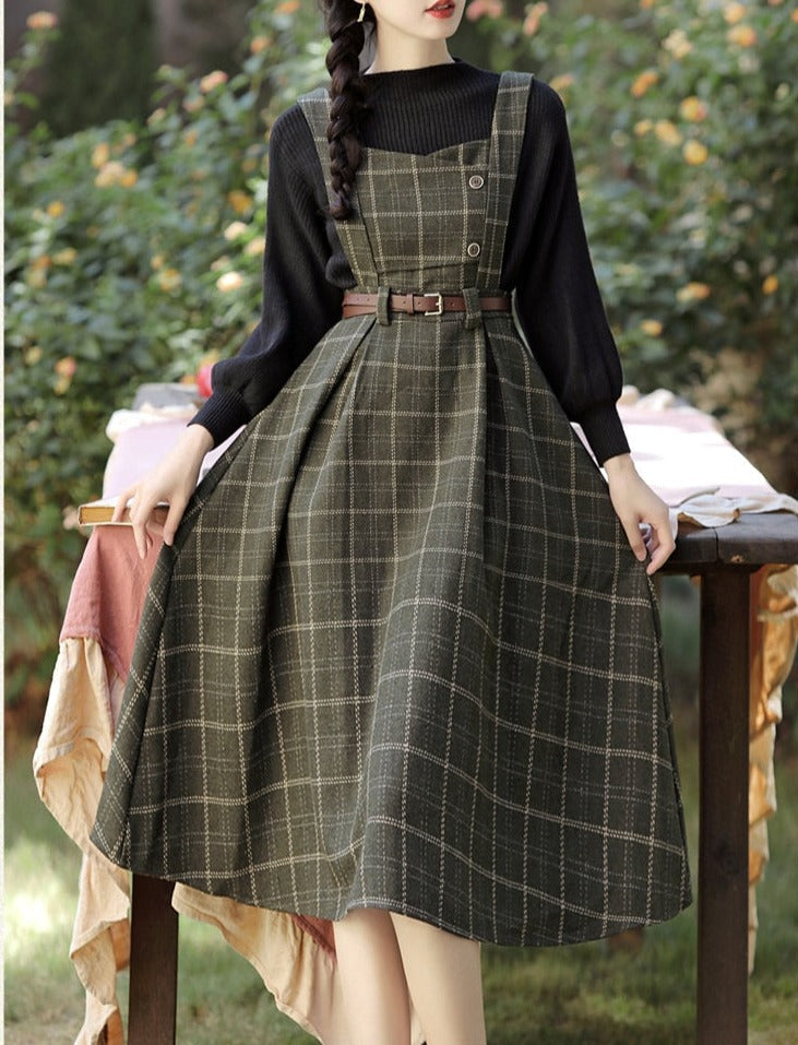 Conjunto de 2 piezas de vestido de lana a cuadros de la Academia oscura de Forest Witch