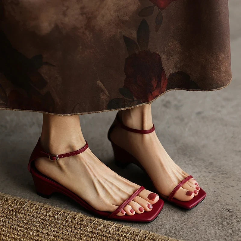 leather cowhide sheep suede square toe elastic middle Heel