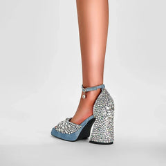 Open Toe Waterproof Platform Denim Water Diamond High Heel
