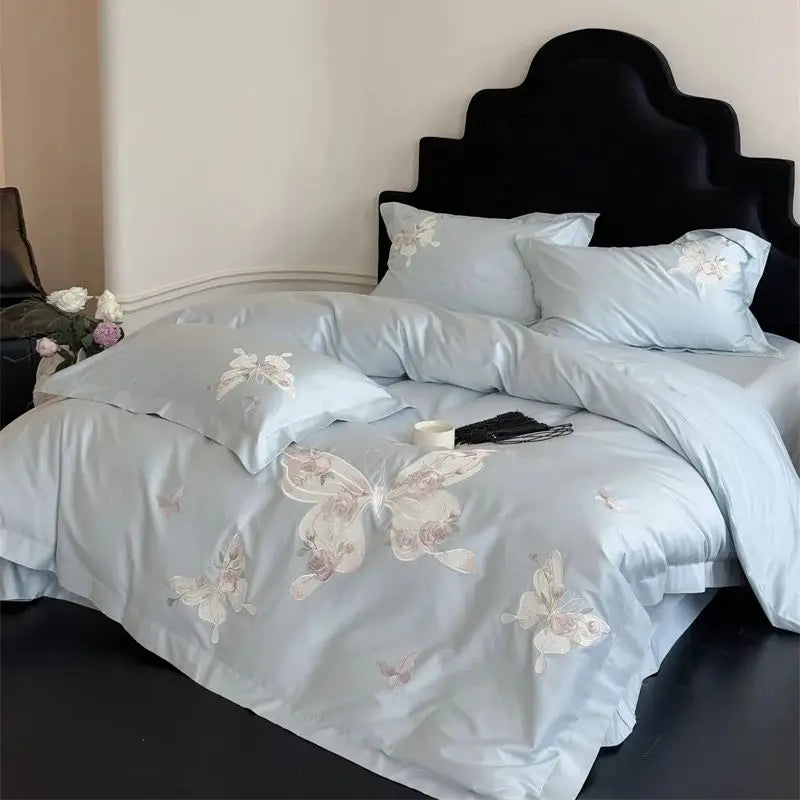 Premium 1000TC Egyptian Cotton Luxury Butterfly Embroidery White Bedding Set