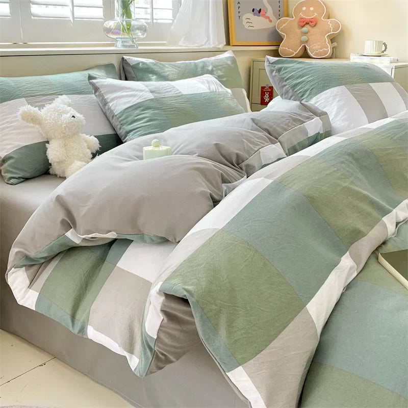 3/4 Pcs Blue Checkered Bedding Set