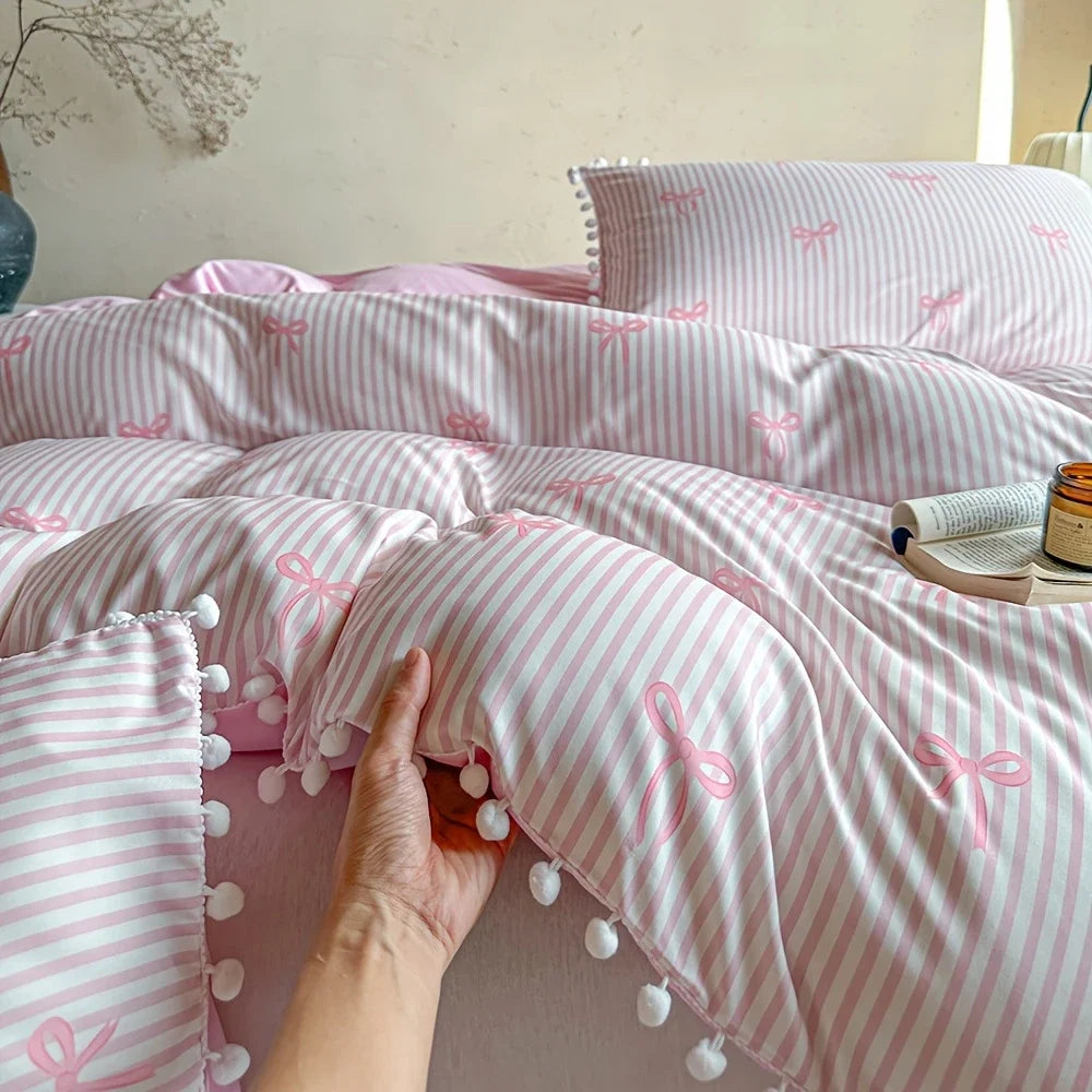 Cute Pink Bow Print Duvet Cover Set Soft Skin-friendly Striped Quilt Cover Pom Pom Queen King Size Bedding Set