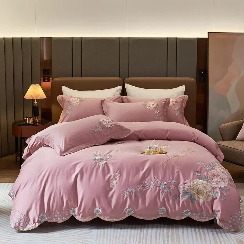 Peony Flowers Embroidery Luxury Bedding Set
