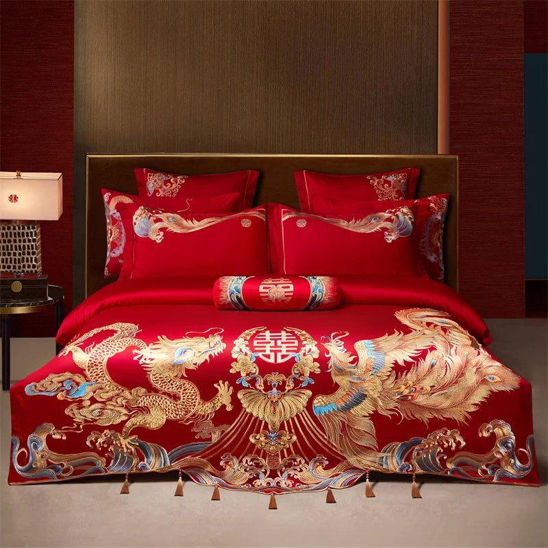 Luxury Chinese Style Wedding Dragon Phoenix Embroidery Red Bedding Set