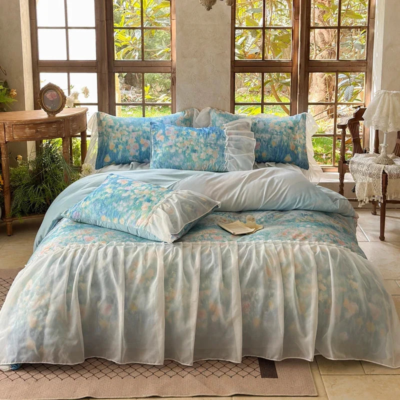 3/4Pcs French Princess Style Tencel Cotton Ice Silk Summer Cooling Comforter Set Blue Print Ruffle Bedding Set