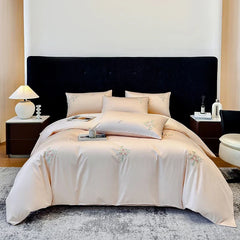 Chic Flowers Embroidery 100% Cotton Luxury Simple Solid Color Bedding Set