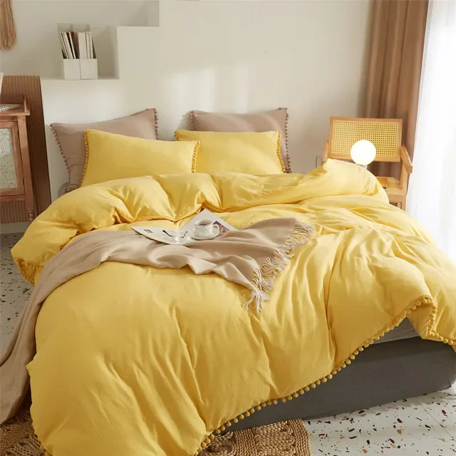 Twin Queen Size Solid Color Duvet Cover Set Pom Tassel Soft Microfiber Bedding Set
