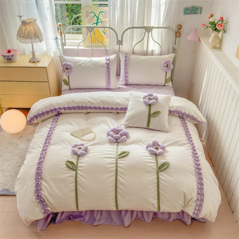 Handmade Flowers Embroidery Ruffles Korean Princess Bedding Set