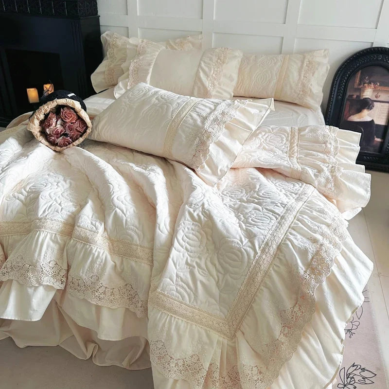 Rose Embossing Quilted Duvet Cover Set Vintage Lace Ruffles Pure Cotton Bedding Set